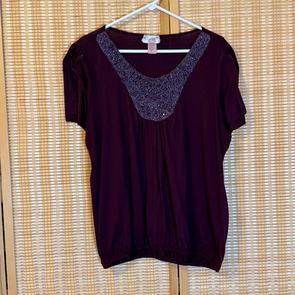 Lavish Womens Plum Purple Beaded V-Neck Bubble Hem Blouse 2X Made in USA Boho